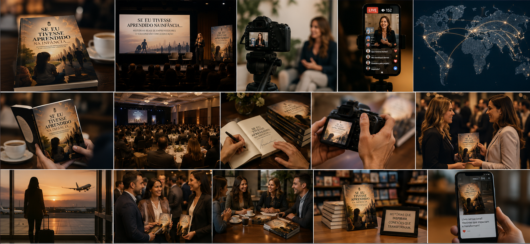 Mosaico com cenas de livro, lançamento, entrevistas e conexões internacionais